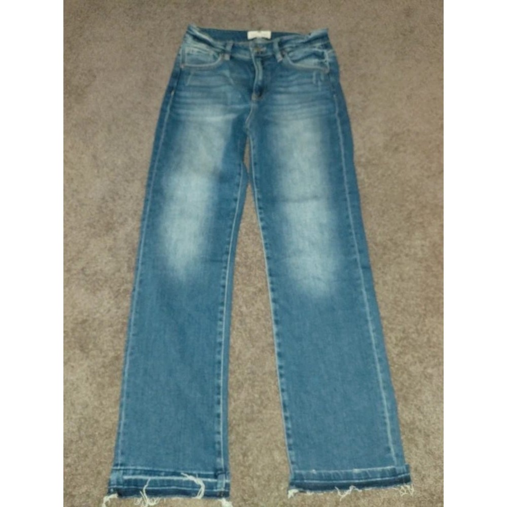 Risen Jeans Womens 7/28 Medium Wash Straight Leg Raw Released Hem Denim Blue
